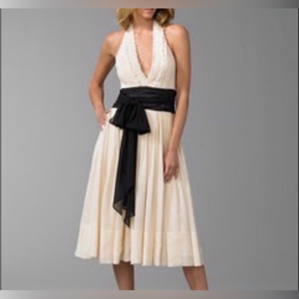 Vintage BCBG Max Azria 100% Silk Cream Halter Dress with Black Sash
